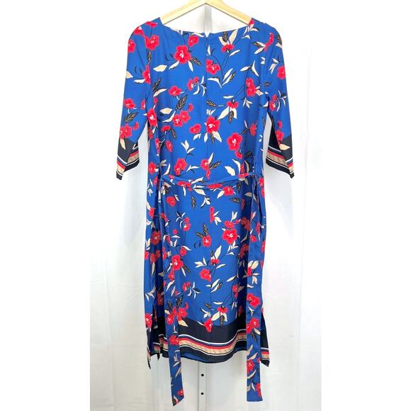 ANN TAYLOR Border Floral Belted Midi Dress 3/4 Sleeve Blue Petite M PM MP - Picture 2 of 11